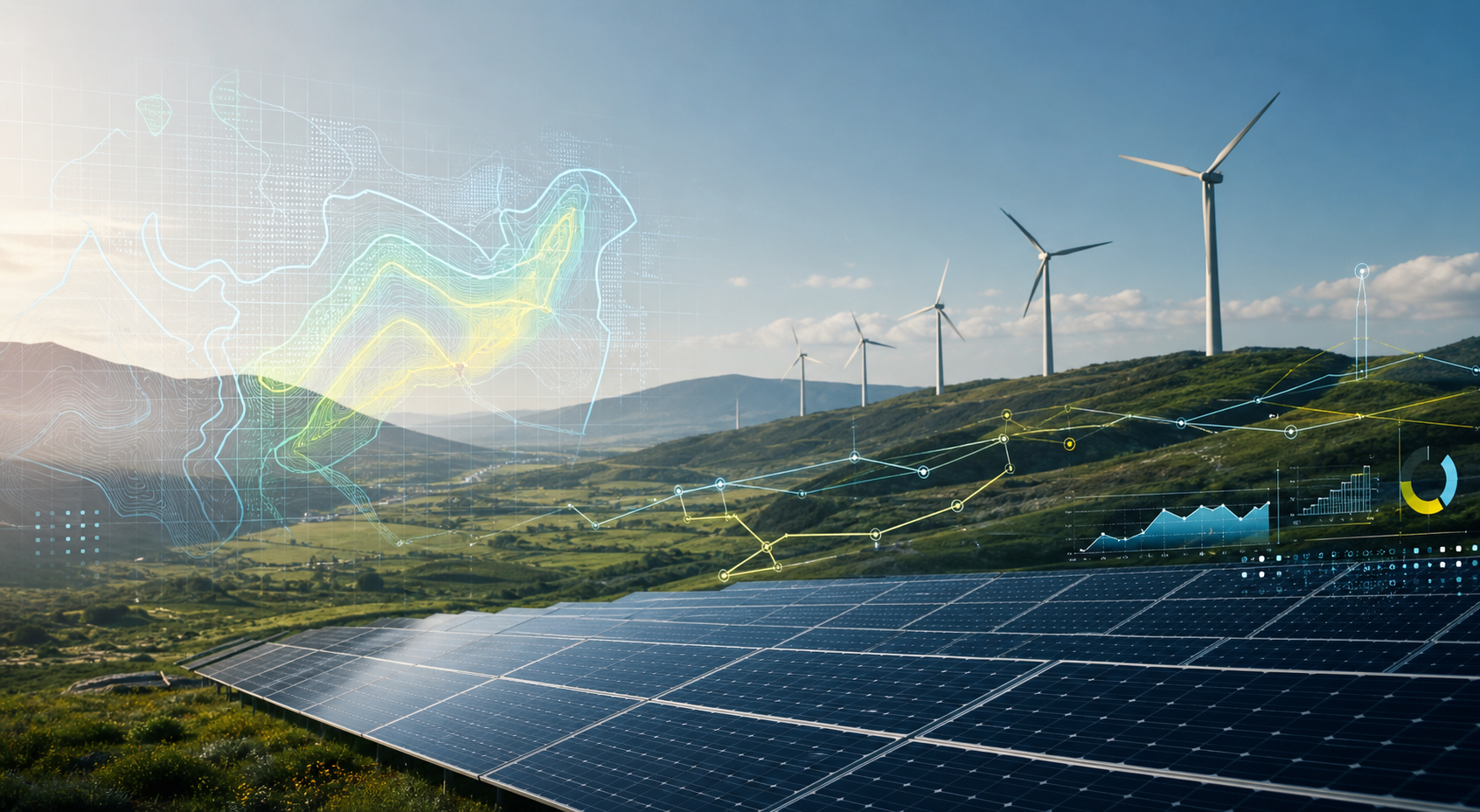 Solar farm and wind turbines with renewable analytics overlays